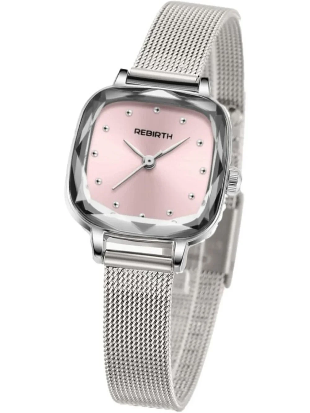 Women's Silver Pink Square Minimalist Dial Mesh Band Crystal Case Wrist Watch
